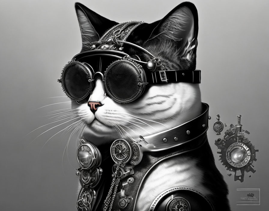 Steampunk-themed cat with goggles, hat, and metallic accessories