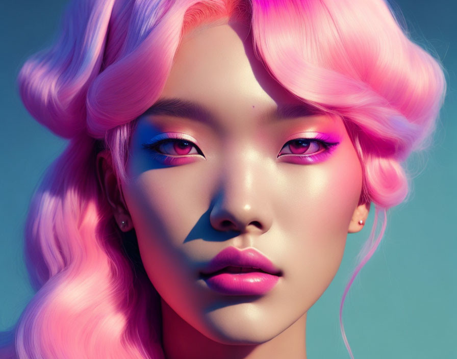 Vibrant digital portrait featuring person with pink hair and eye makeup