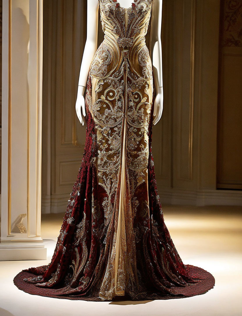 Floor-length gown with gold embroidery and maroon accents on mannequin in luxurious setting