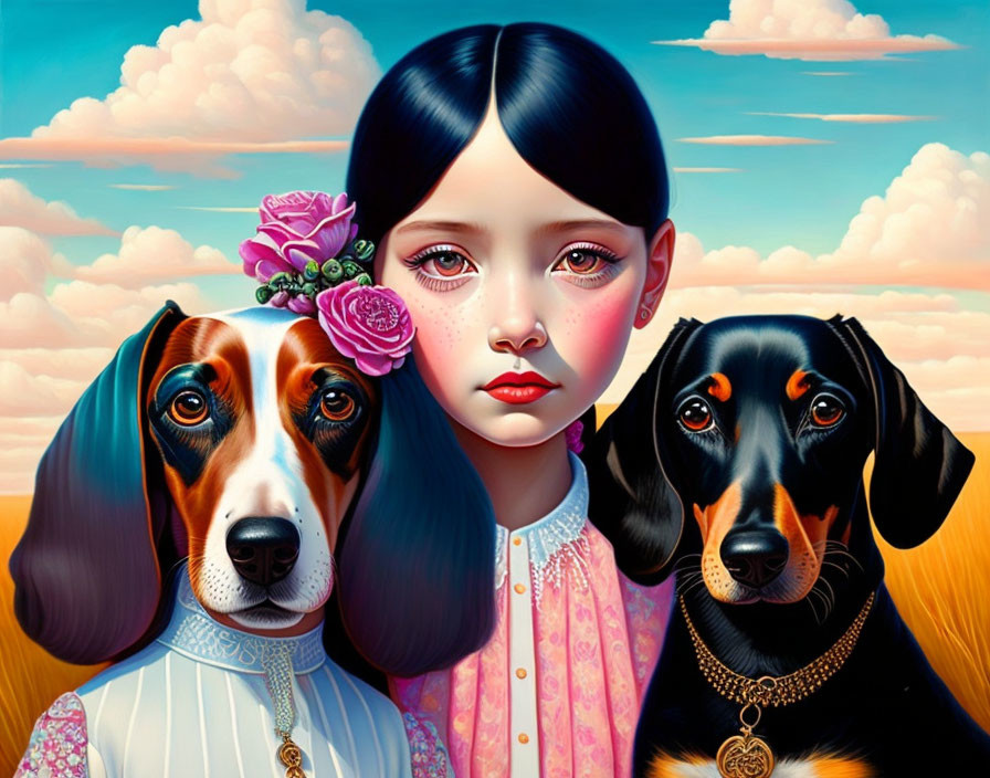 Surreal portrait of girl with expressive eyes and stylized dogs in vibrant sky