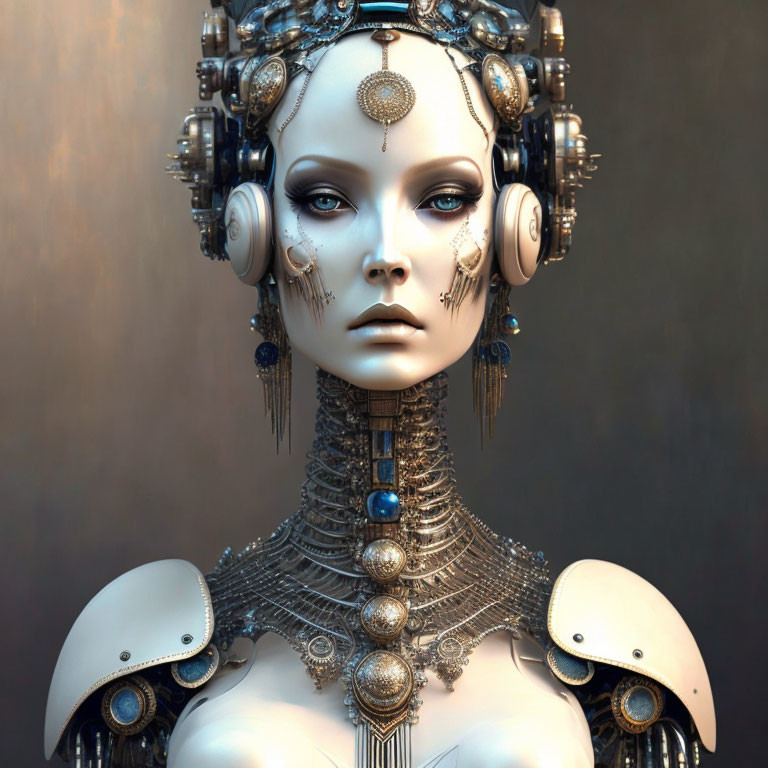 Detailed Female Robotic Figure with Decorative Headgear & Mechanical Details
