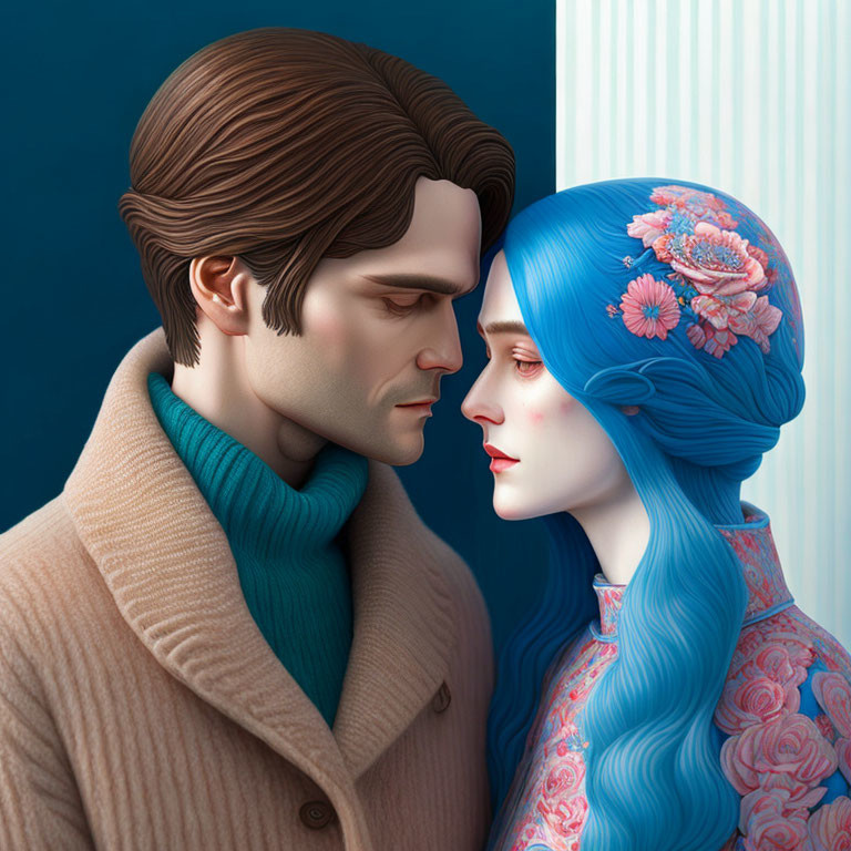 Digital artwork of man and woman with stylized features, woman with blue skin and floral patterns