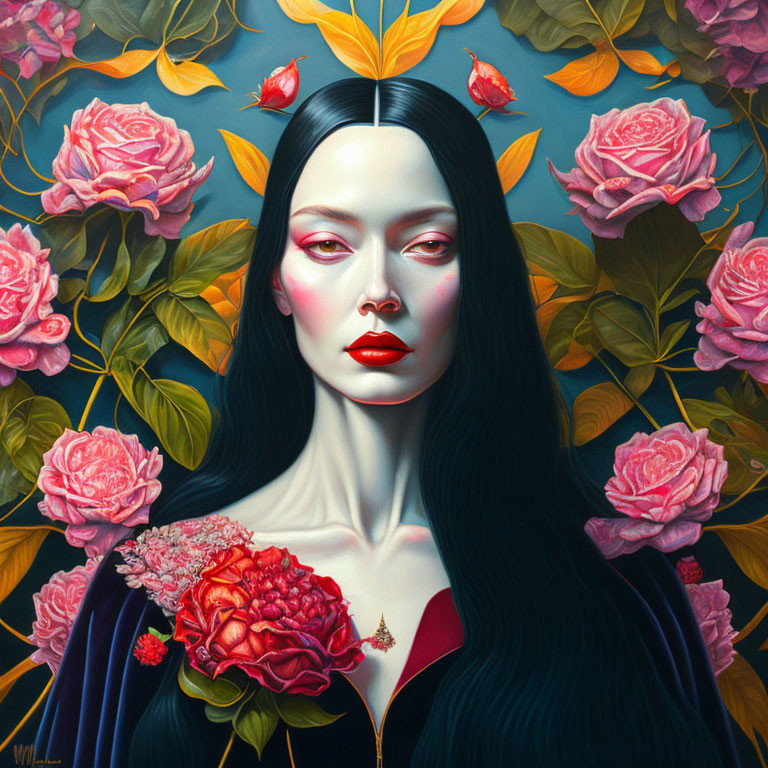 Surreal portrait of woman with dark hair and red lips surrounded by vibrant roses and a small bird