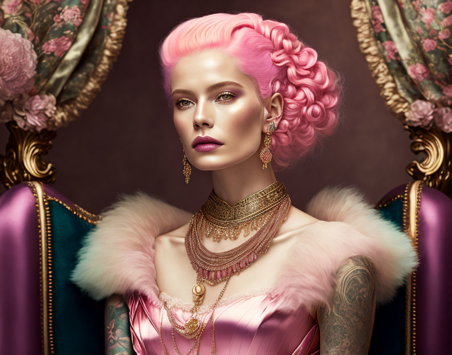 Pink-haired woman in vintage attire with fur details, gold jewelry, and arm tattoos