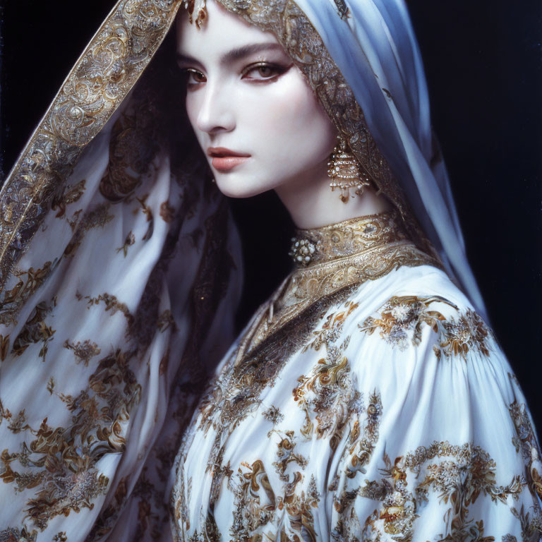 Ornately adorned woman in gold jewelry and headscarf on dark background