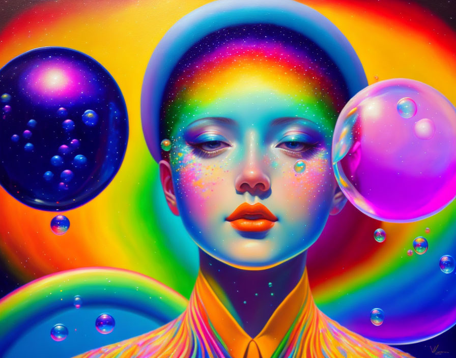 Colorful portrait with multicolored skin and surreal bubbles on iridescent backdrop