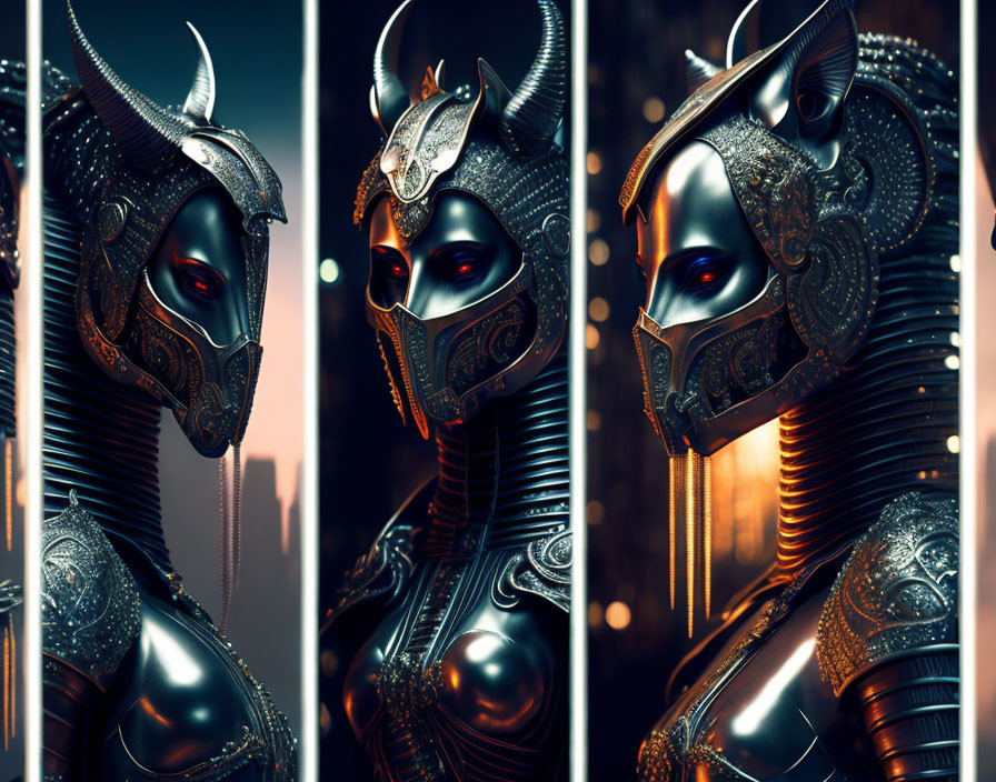 Futuristic knight in ornate armor in neon cityscape panels