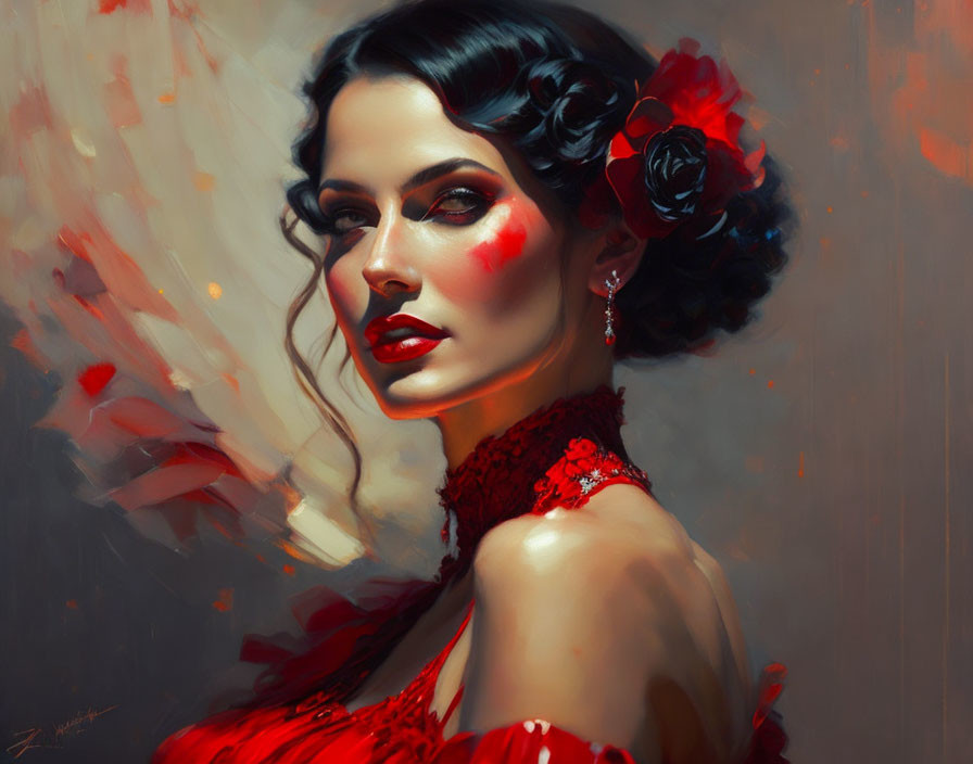 Stylized portrait of a woman in red dress with flower and dramatic makeup