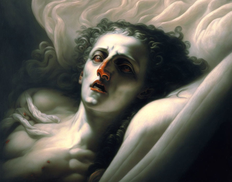 Distressed woman with pale skin and dark eyes lying back with a dove and blood droplets.