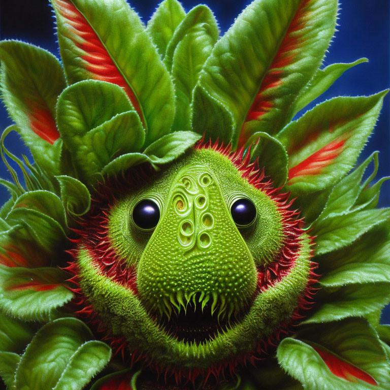 Colorful creature with leaf-like structures and black eyes on blue background