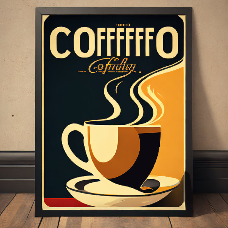 Vintage-Style Coffee Poster with Steaming Cup and Bold Typography
