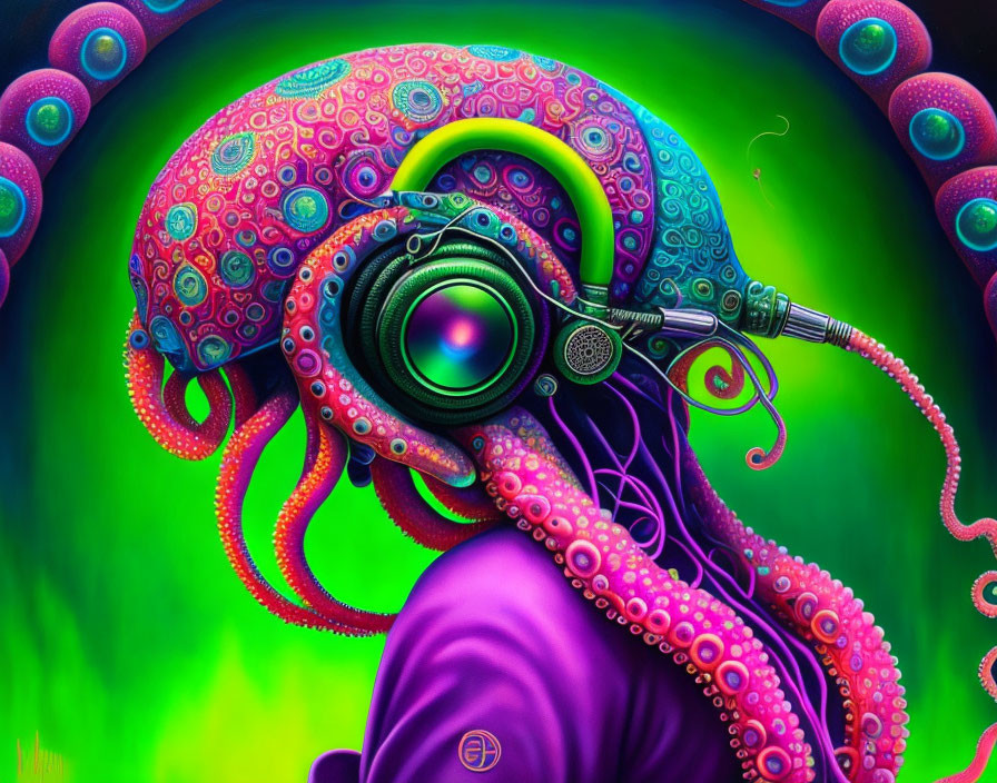 Colorful Octopus Illustration with Headphone-like Device on Green Background