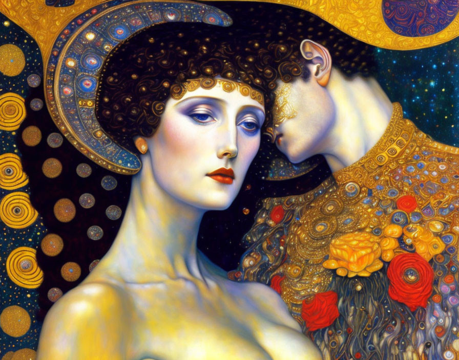 Stylized artwork of woman and man embracing with Klimt-inspired elements