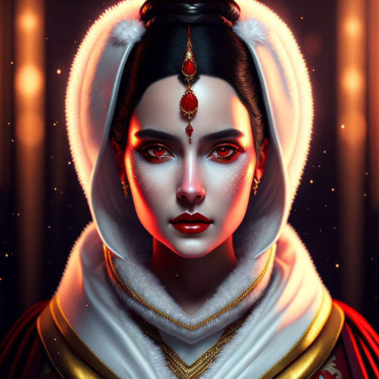 Stylized portrait of woman with glowing halo lights and intricate jewelry
