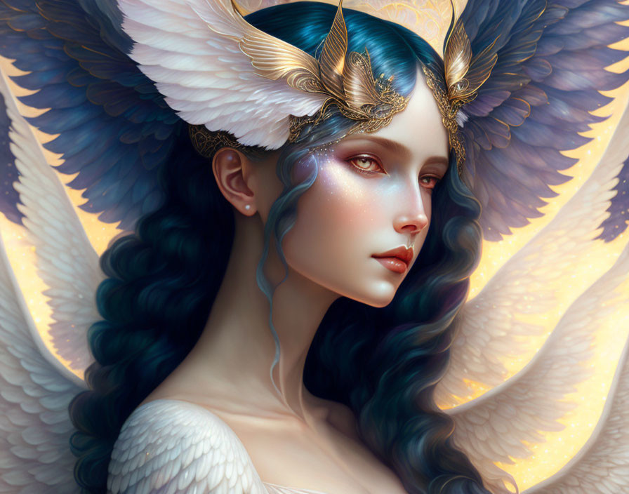 Fantasy portrait of woman with blue hair, white wings, and golden headdress