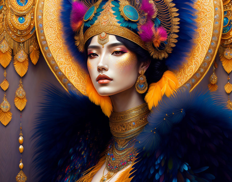 Luxurious peacock-themed woman illustration with vibrant blue and gold feathers
