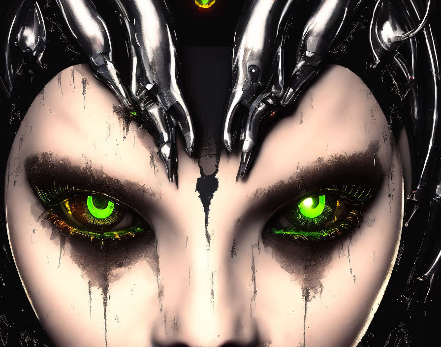 Close-up of face with green eyes, black makeup, and claw-like fingers - sci-fi/fantasy