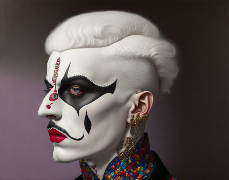 Theatrical black and white clown makeup with styled white hair and facial gems.