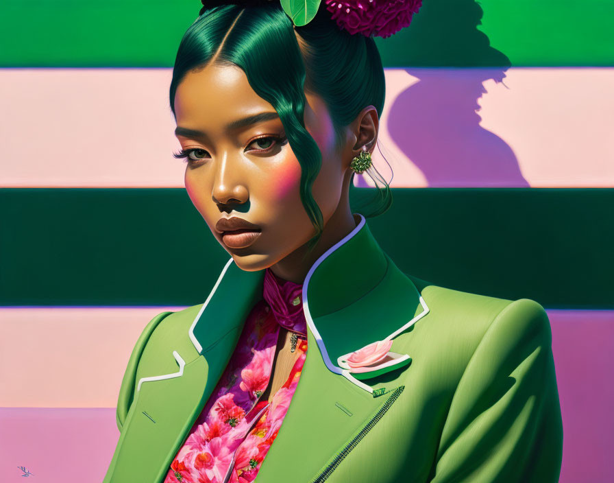 Colorful modern portrait of a woman with sleek hair and green jacket