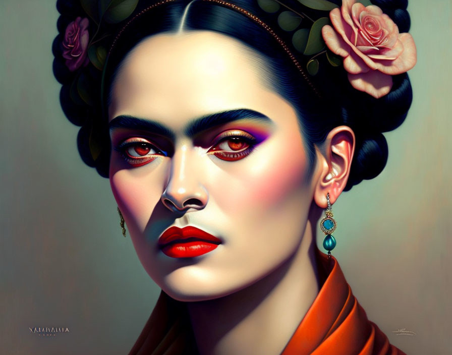 Detailed illustration of woman with unibrow, flower crown, earrings, and bold makeup on subtle backdrop