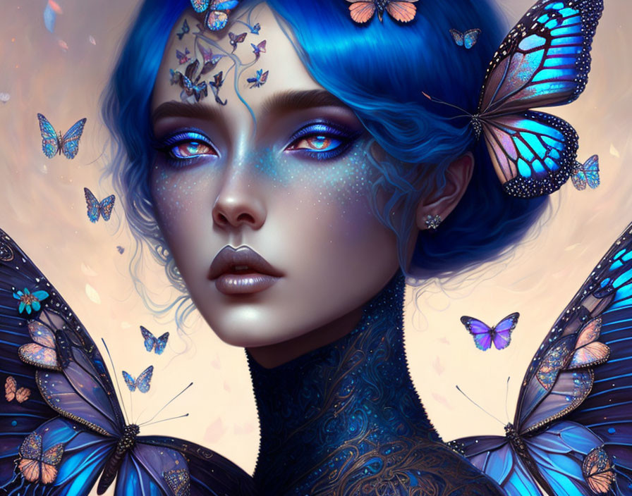 Blue-skinned person with butterflies in mystical digital art