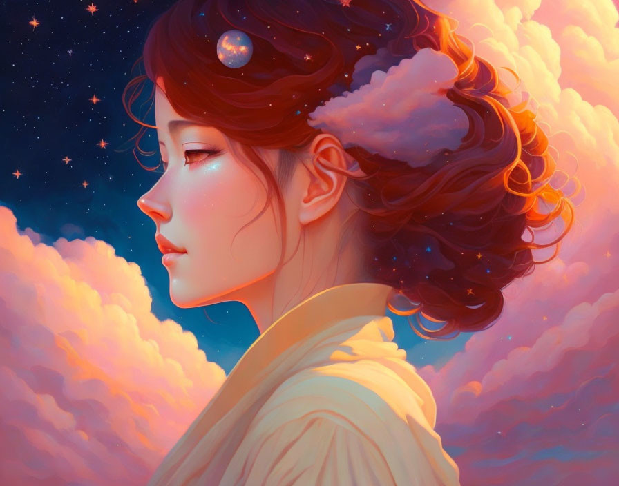 Digital artwork of woman with clouds and stars in hair against sunset sky