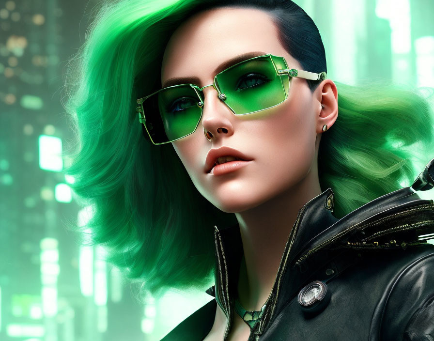 Vibrant green-haired woman with sunglasses in neon-lit cityscape