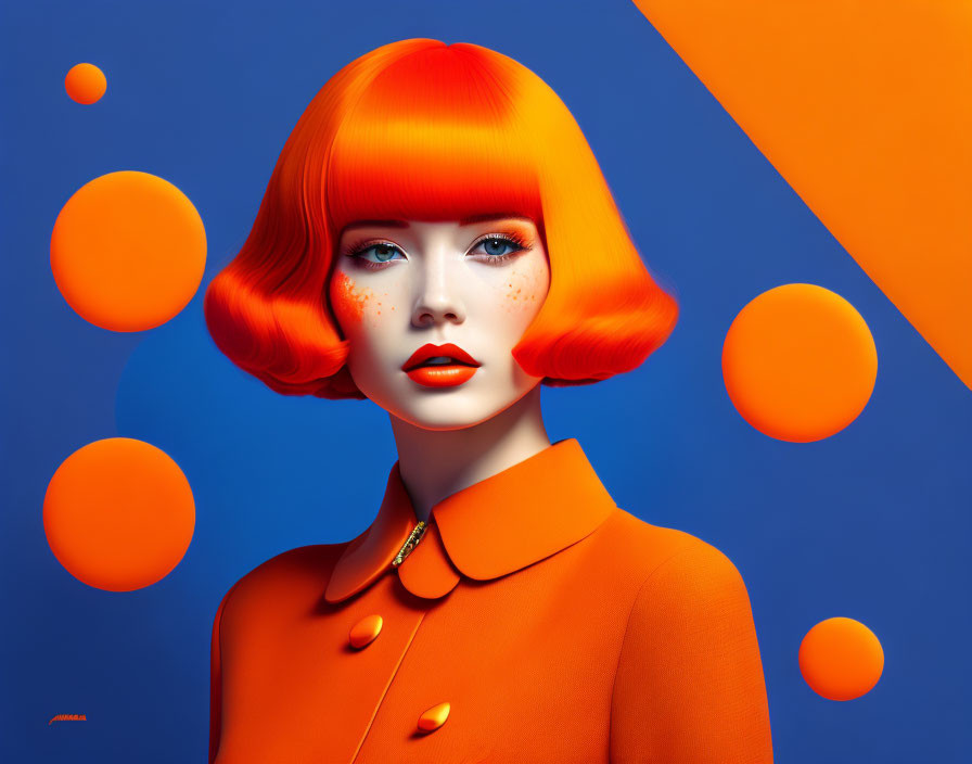Colorful digital artwork: Woman with orange hair and outfit on blue and orange background.
