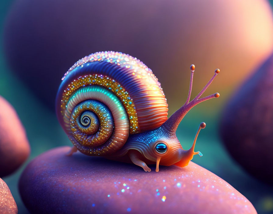 Colorful Digital Snail with Multicolored Shell on Smooth Surface