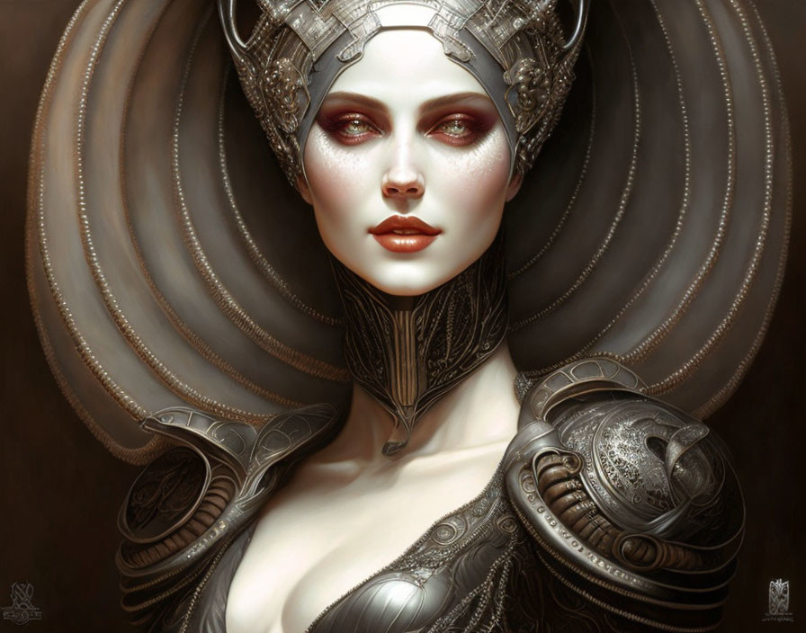 Digital artwork of female figure in metallic armor & halo headdress