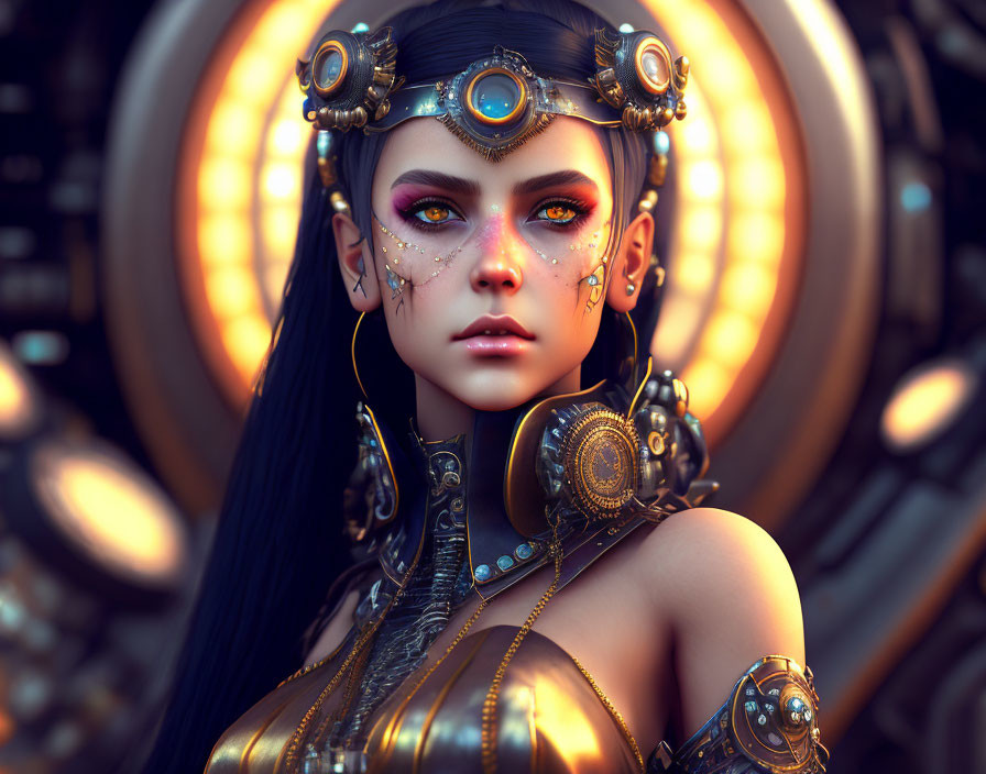 Futuristic female figure with ornate headgear and shoulder armor in digital artwork.