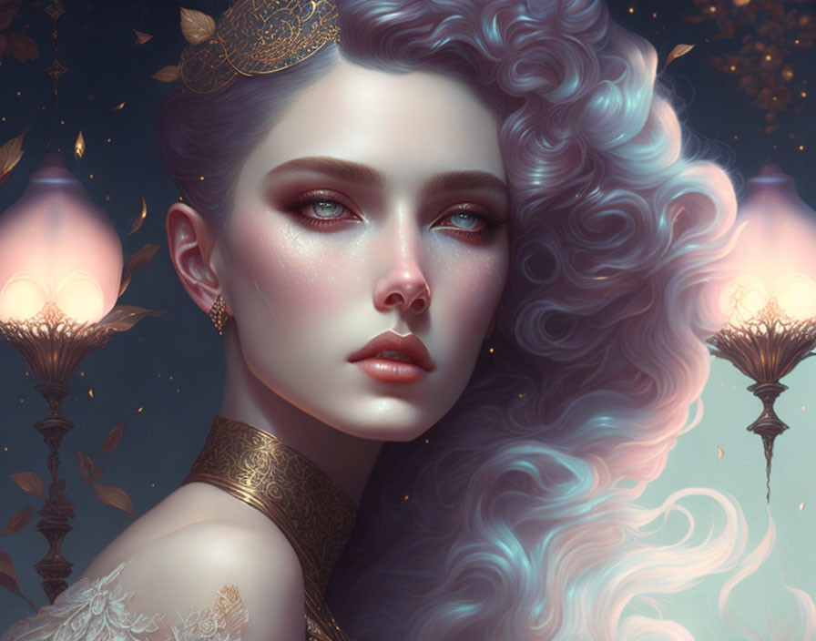 Portrait of woman with voluminous curly hair, fair skin, striking makeup, gold jewelry in mystical atmosphere