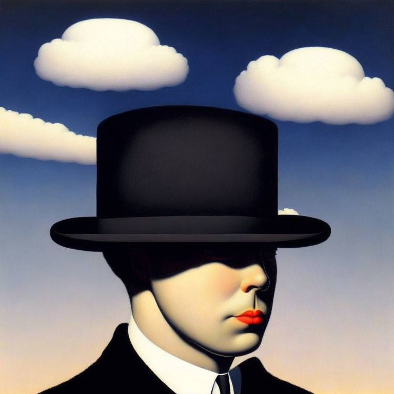 Surrealist painting: face obscured by floating top hat, clouds align with brim