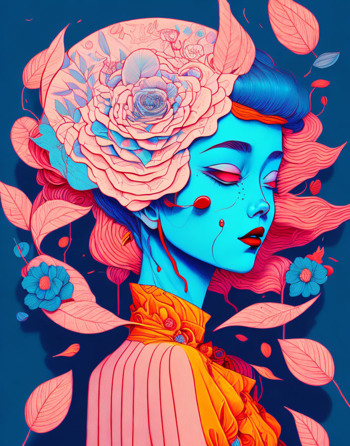 Illustrated portrait of woman with blue skin and red eyes among vibrant pink and orange flowers