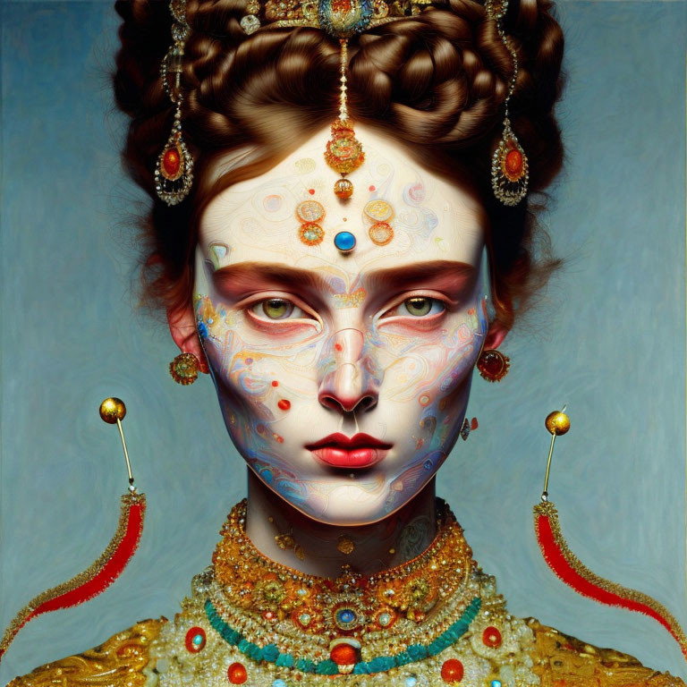 Portrait of a woman with intricate face paint, headpiece, jewelry, and regal hairstyle