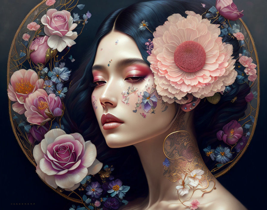 Serene woman with floral tattoos in dark, ethereal setting