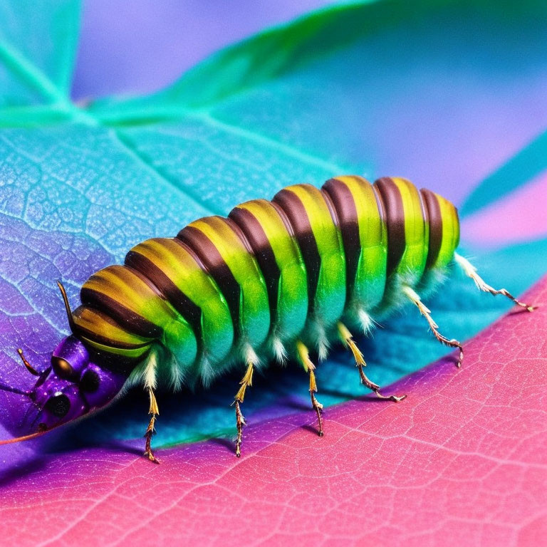 Colorful Caterpillar Crawling on Leaf with Pink and Blue Background