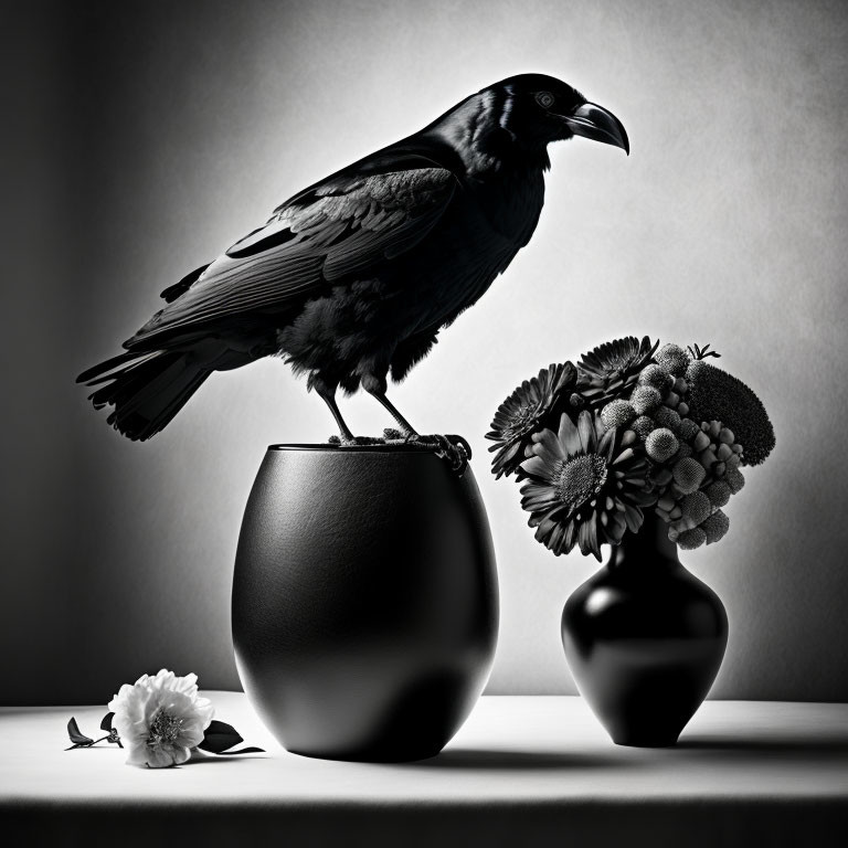Black raven on vase with flowers on table against gray backdrop