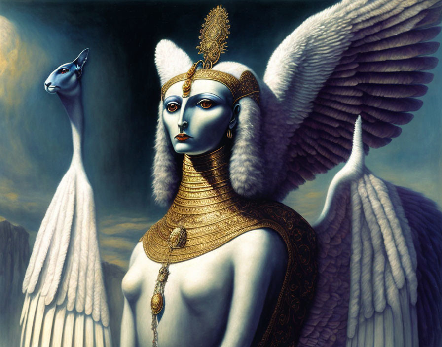 Blue-skinned humanoid with golden jewelry and winged figures in art.