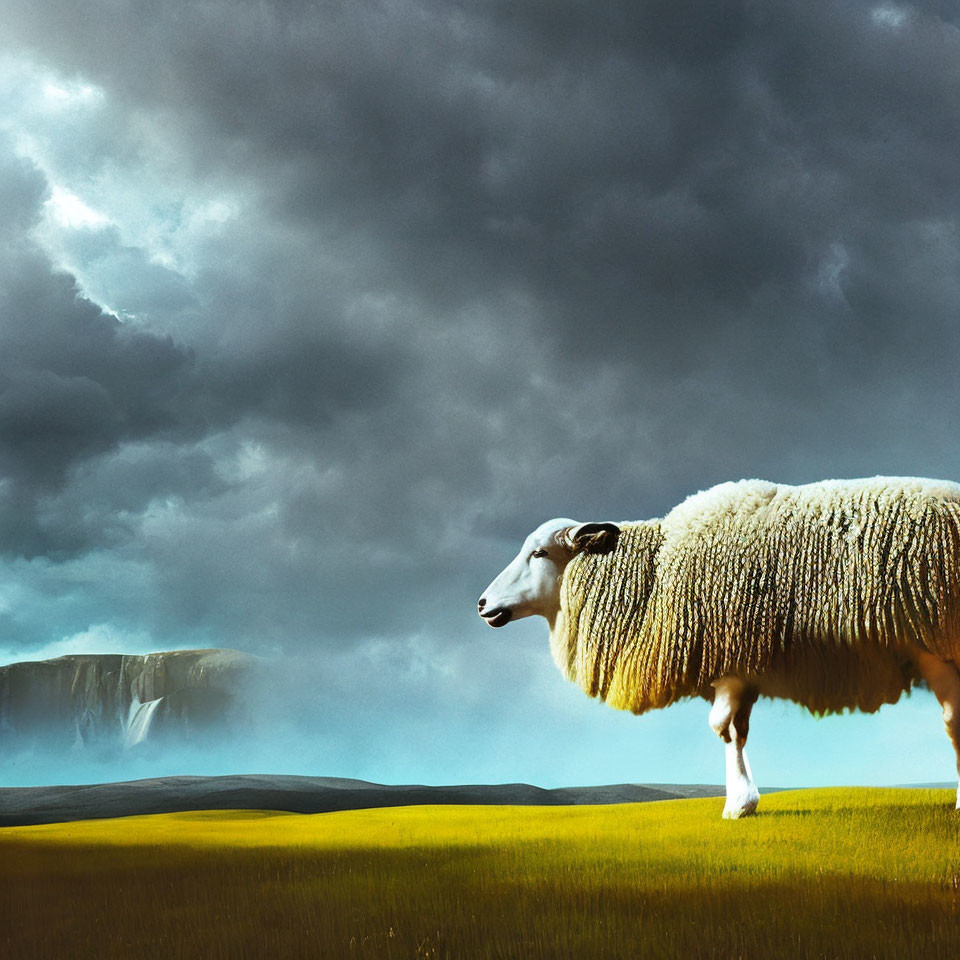 Giant sheep in surreal landscape with stormy sky