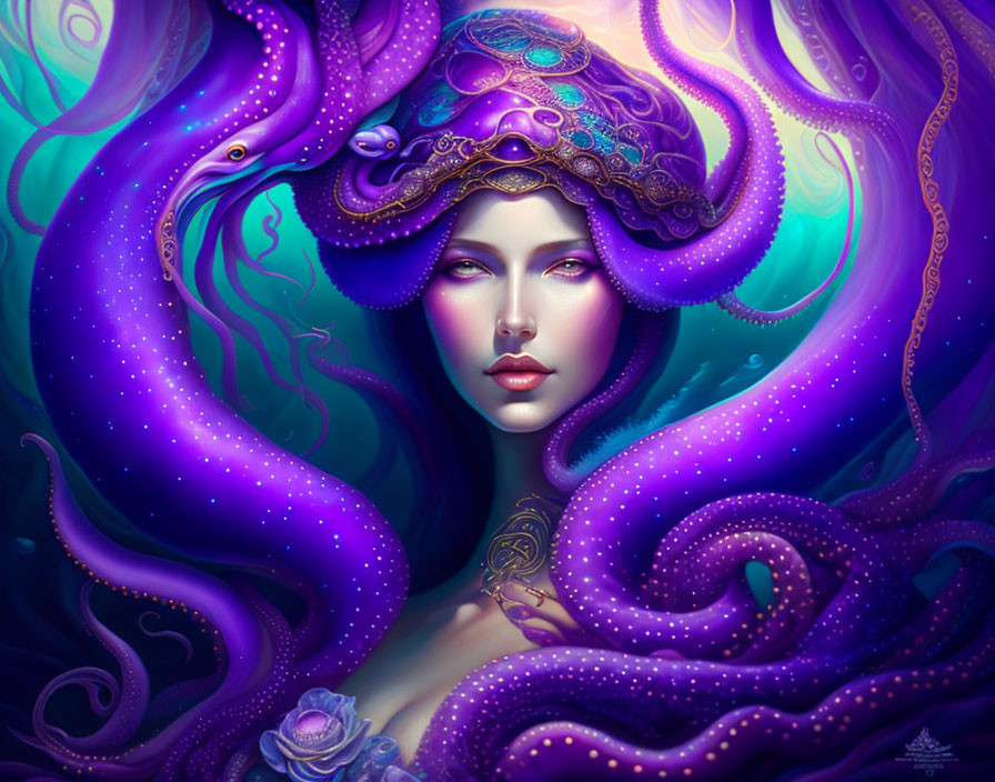 Portrait of woman with purple tentacle hair and elaborate headdress in underwater setting