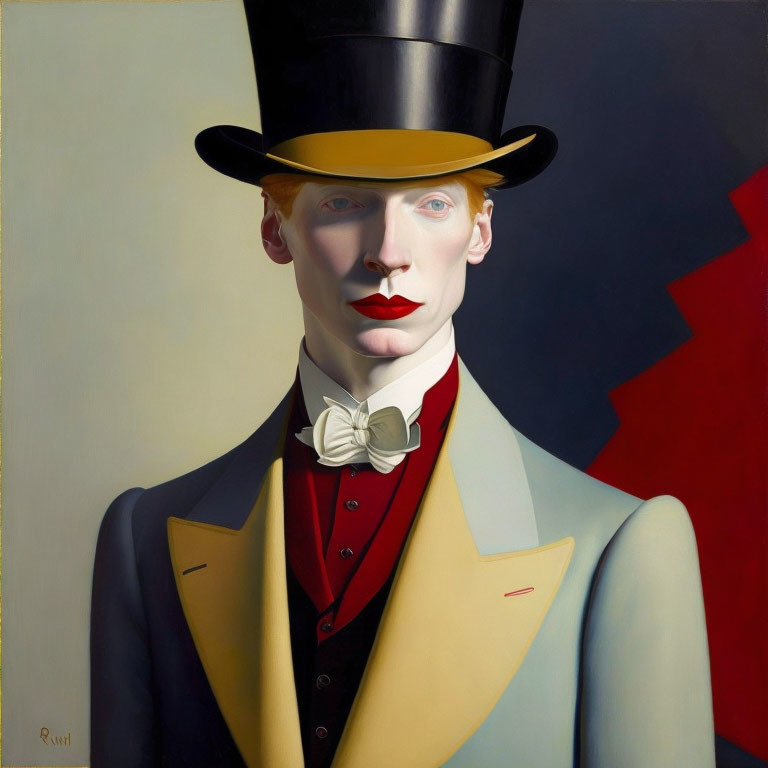 Stylized painting of a man in pastel blue suit and top hat