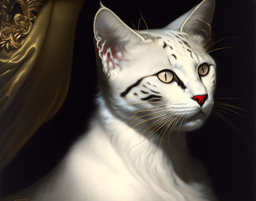 White Cat Oil Painting with Yellow Eyes and Red Nose on Dark Background