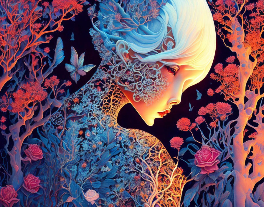 Fantastical woman with intricate skin patterns in colorful flora scene
