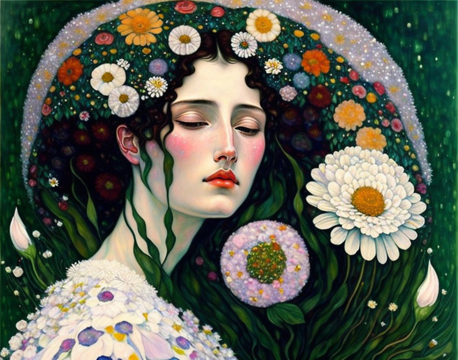Surreal portrait of woman with closed eyes in lush greenery and vibrant flowers
