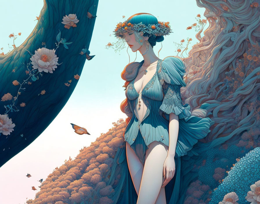 Illustration of woman with blue hair in floral landscape