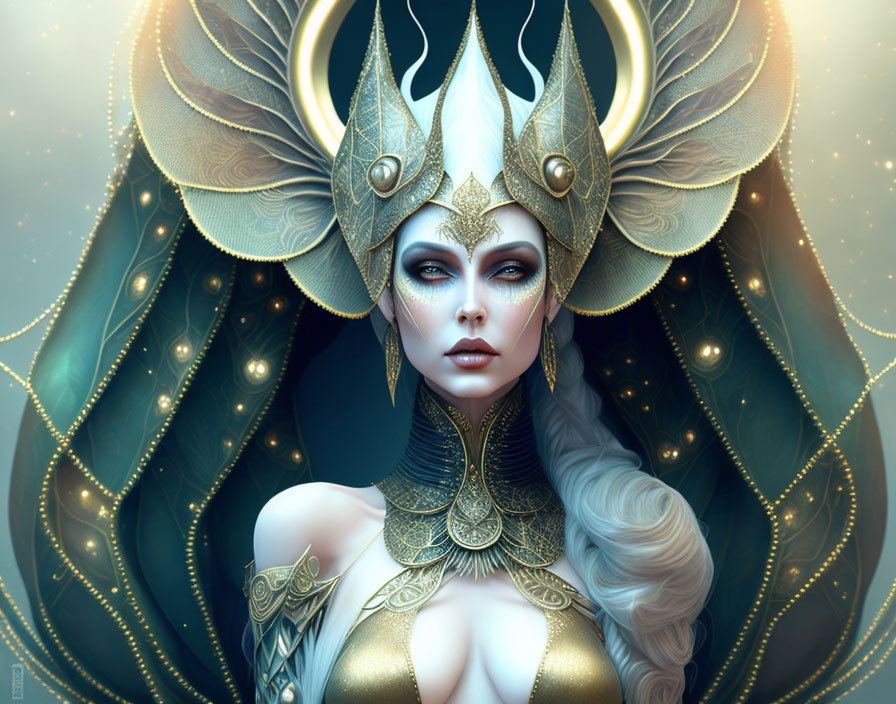 Fantasy illustration of woman in golden headdress and armor