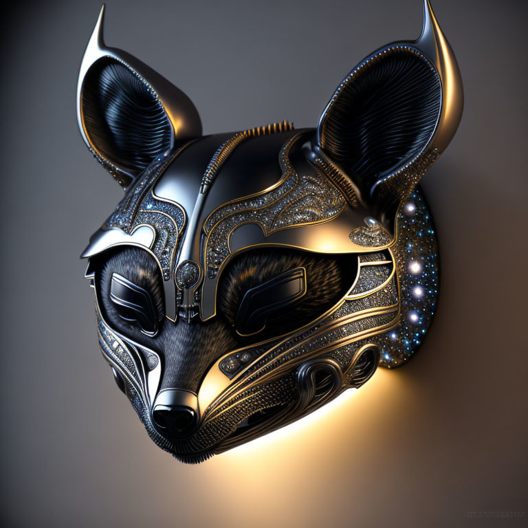Intricate Metallic Wolf Mask with Glowing Blue Accents