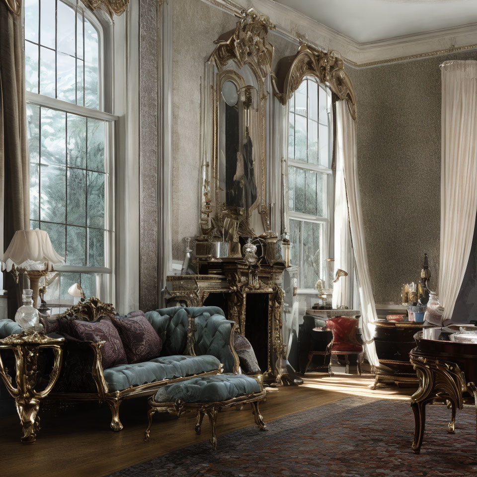 Vintage Room with Ornate Furniture, Fireplace, and Large Windows