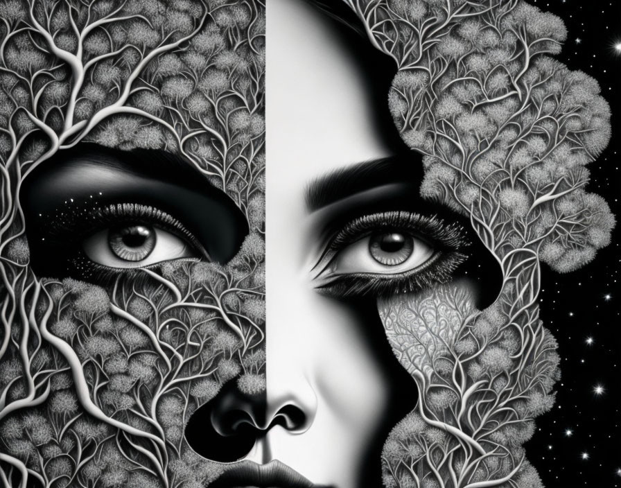 Split face illustration merging tree branches and cosmic background, showcasing nature versus universe contrast.